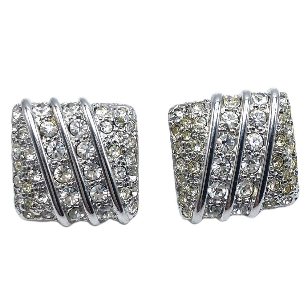 Vintage Rhinestone Costume Earrings Silver Monet Square Statement Fashion